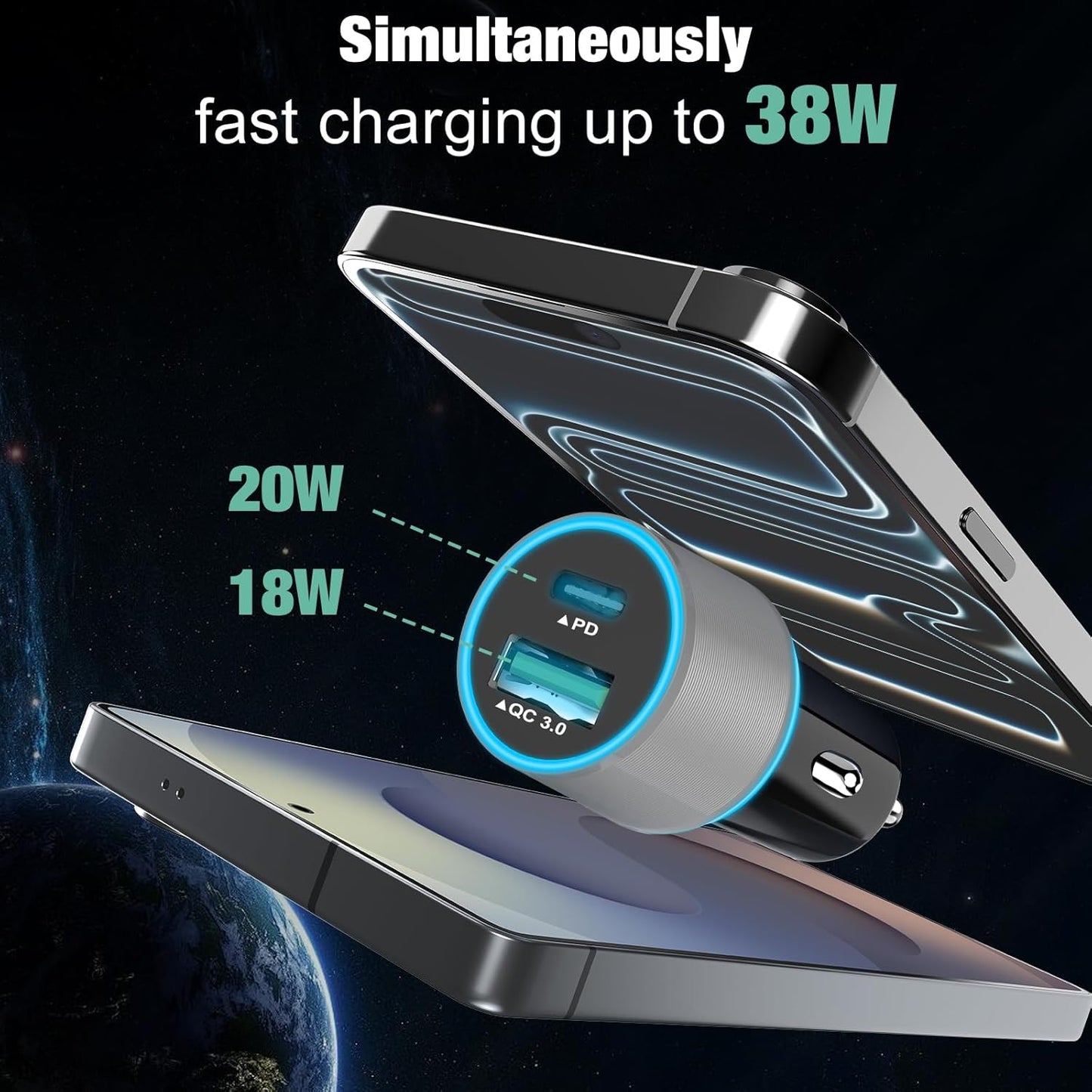 38W USB C Car Charger Adapter, 20W Fast USB-C & 18W Rapid QC3.0 Ports, 12V Cigarette Lighter Adapter for Iphone 17/16 /15, Google Pixel, Samsung, Android Phones Auto Accessories for Men - Gray